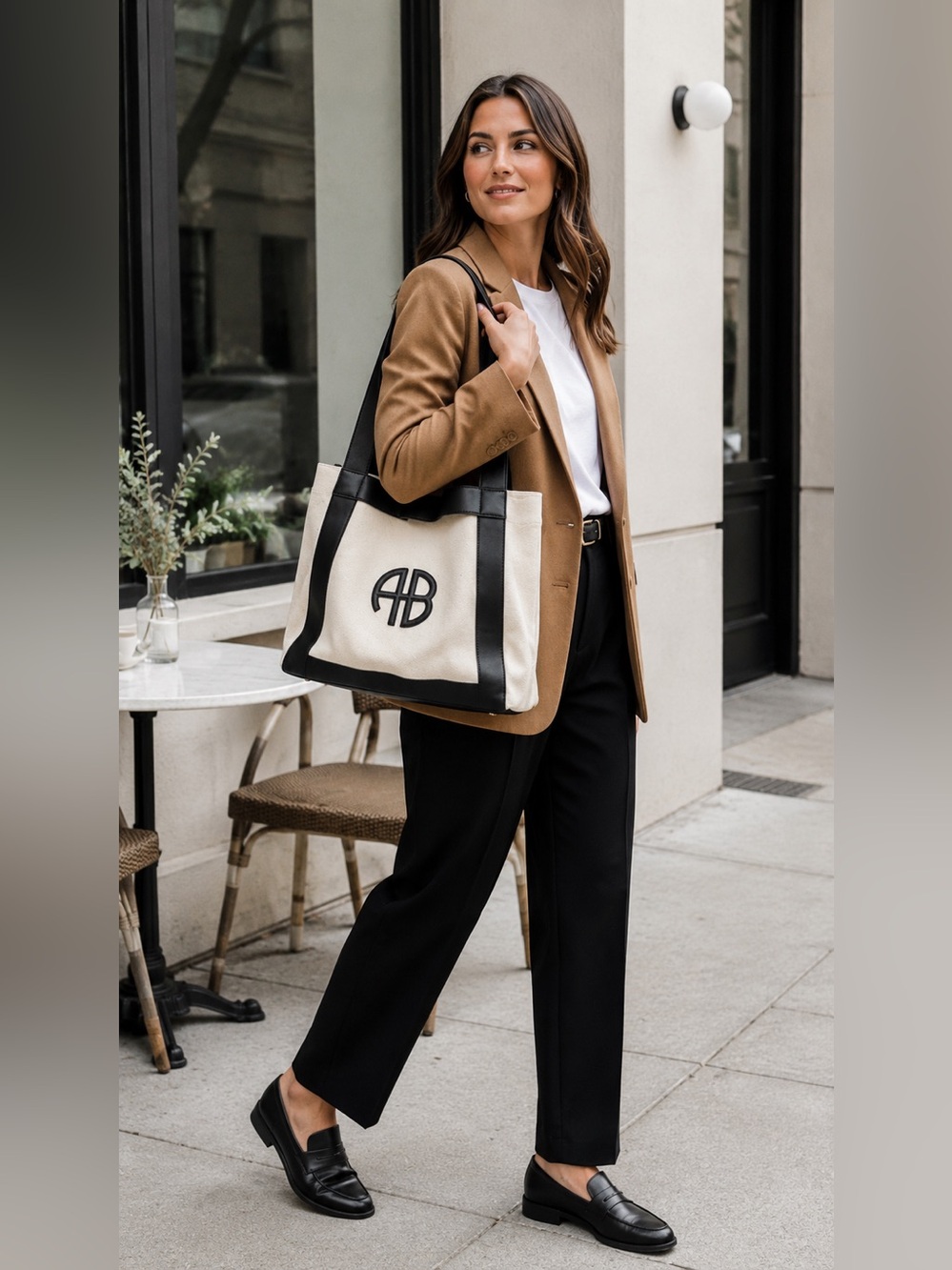 Anine Bing Medium Cara Tote Natural Canvas Black Leather Crossbody Bag